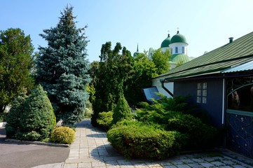 Beautiful green inner courtyard of the Ascension Florovsky Monastery in Kiev