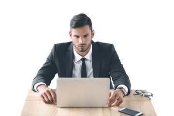 portrait of focused businessman working on laptop at workplace isolated on white