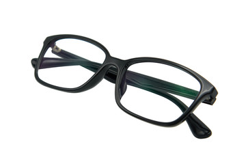Black eye glasses spectacles with shiny black frame For reading daily life To a person with visual impairment. White background as background health  concept with copy space.