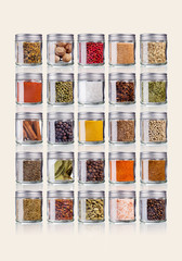 various spices in glases, isolated on white
