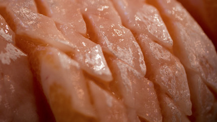 Fototapeta premium Raw salmon slice or salmon sashimi in Japanese style fresh serve on ice with fresh wasabi