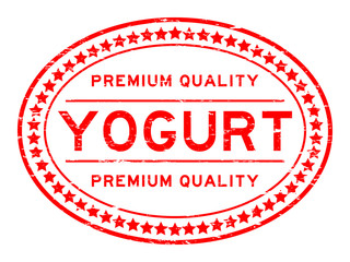 Grunge red premium quality yogurt oval round rubber seal stamp on white background