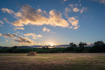 Hay on a field during a sunset with clouds and the sun