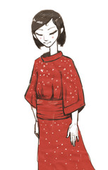 Little Japanese girl in a red kimono. She has a bob hairstyle. Calm facial expression. Digital painted character. Sketch style.