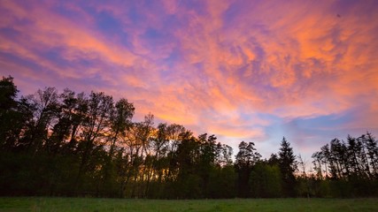 Fototapeta na wymiar After sunset colorful sky over forest and meadow