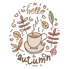 Autumn Sticker with Coffee Cup and Leaves