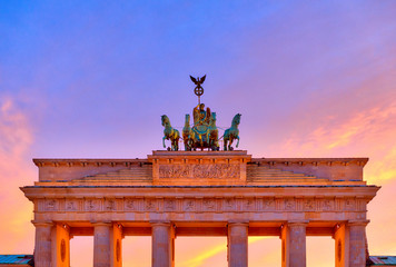Close view of the Brandenburg Gate in Berlin at dusk