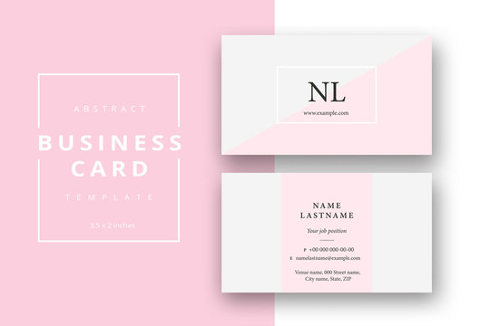 Trendy minimal abstract business card template in pink color. Modern corporate stationery id layout with geometric pattern. Vector fashion background design with information sample name text.
