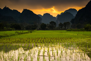 Beautiful lanscape with lake, river and stunning hills of the Trang An, Ninh Binh in Vietnam