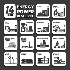 14 icon of energy bio fuel, biomass, landfill gas, coal, natural gas, oil, nuclear, wave, tidal, hydro, wind, solar cell, solar thermal, geothermal