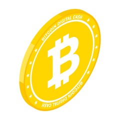 Isometric Bitcoin sign with computer chip. Color icon. Farm for the production of crypto currency, mining. Virtual money. Flat vector cartoon illustration. Objects isolated on white background.