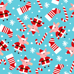 New Year`s vector seamless pattern with pigs, snowflakes and candies