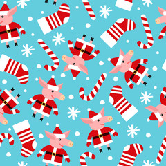 Obraz premium New Year`s vector seamless pattern with pigs, snowflakes and candies