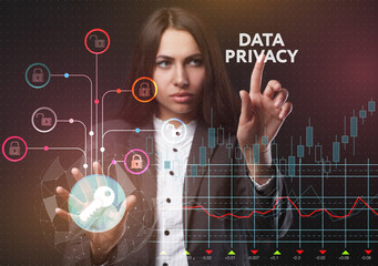 The concept of business, technology, the Internet and the network. A young entrepreneur working on a virtual screen of the future and sees the inscription: Data privacy