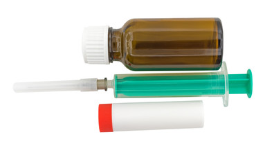 Syringe and several ampoules for injection