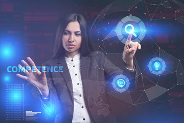 The concept of business, technology, the Internet and the network. A young entrepreneur working on a virtual screen of the future and sees the inscription: Competence