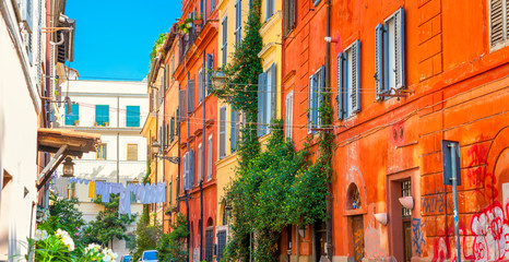 Fototapeta na wymiar Panorama of the street in the historic quarter of Rome, Italy