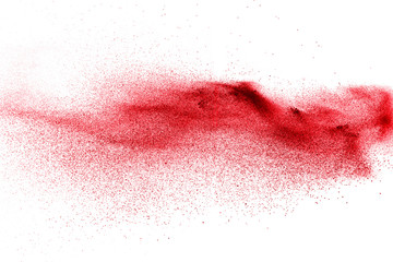 Red dust particles explosioon on white background.