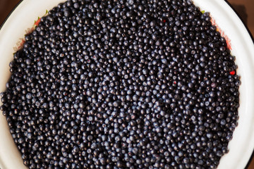 Top view of a pile of blueberries in a large bowl close-up