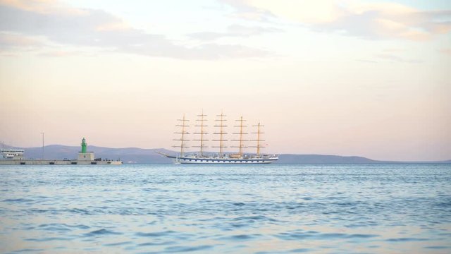 Five masted barquentine moored on the bay.