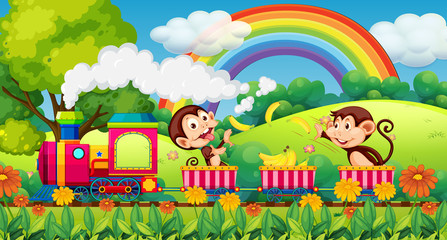 Obraz na płótnie Canvas Monkey travel in nature by train