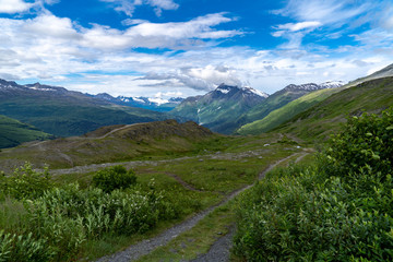 Fototapeta na wymiar View of the Trail of ’98 off the Richardson Highway near Valdez Alaska. This was an original trail of the Klondike Gold Rush, and goes through mountains and glaciers