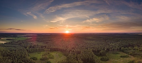 Aerial landscape with forest in sunset light