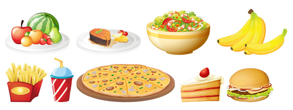 A set of food on white background