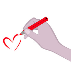 A woman draws a heart with a red pencil isolated white background.