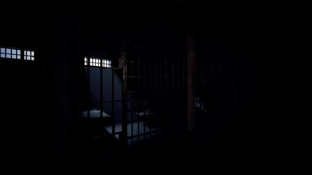 Dirty prison cells lights turning off. Simulation of the sudden evacuation.