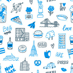 New York blue doodle seamless pattern