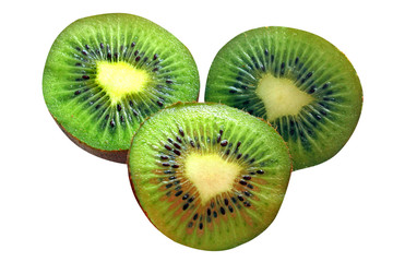 Kiwi fruit cut into three pieces on white isolated background, close-up
