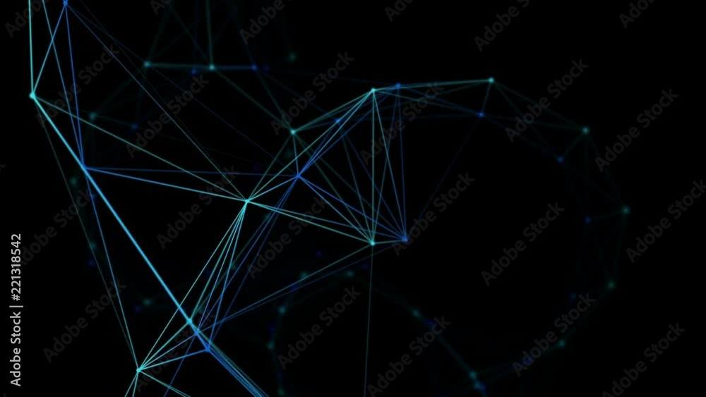 Poster Seamless loop: Plexus lines and dots network rotating. Fantasy abstract technology, science and engineering motion background. Depth of field settings. 3d rendering.