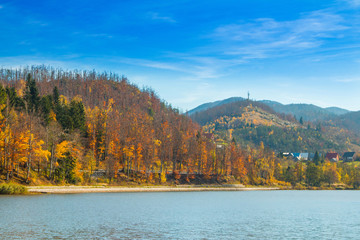     Beautiful Lake Bajer and town of Fuzine, Gorski kotar, Croatia, in autumn 