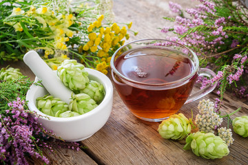 Mortar of hop cones, medicinal herbs and healthy herbal tea. Herbal medicine.