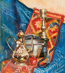 Oriental still life with hookah. Painting with oils on canvas for the background of a major stroke.