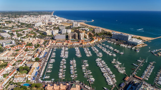 Aerial view of the bay of the marina, with luxury yachts in Vilamoura.