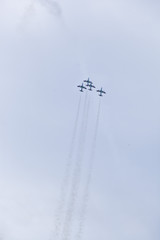 Radom, Poland- August 24, 2018: A group of aircrafts flies during air show
