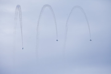 Radom, Poland- August 24, 2018: A group of aircrafts flies during air show