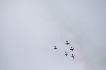 Radom, Poland- August 24, 2018: A group of aircrafts flies during air show
