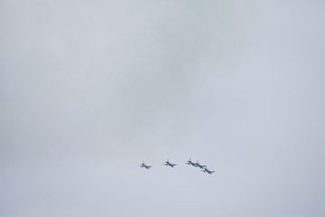 Radom, Poland- August 24, 2018: A group of aircrafts flies during air show