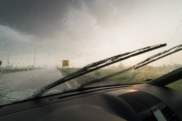 Windshield wipers from inside of car - obrazy, fototapety, plakaty