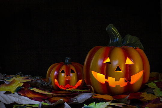 Halloween background. Spooky pumpkin with in a dark forest