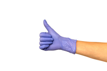 Isolate woman hand in a blue rubber glove on a white background. Gesture thumb up or like. Concept of successful work of a chef of a surgeon or cleaning