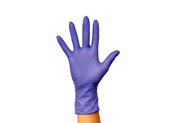 woman's hand in a rubber glove. Isolate on white background. The concept of the work of a cook in a...