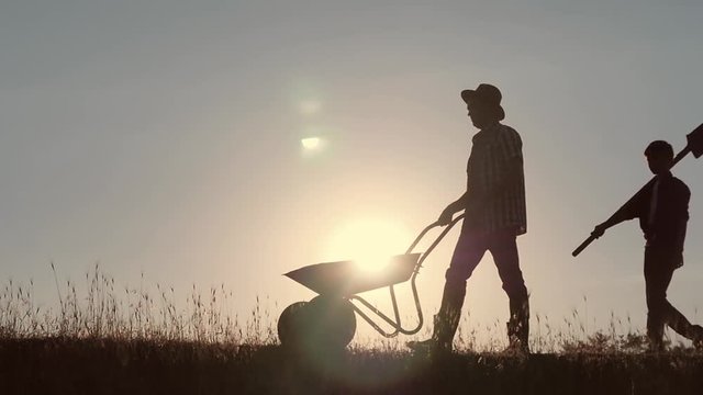 Happy family father and son harvesting in the field at sunset
