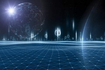 Futuristic artificial intelligence universe with planets and stars. Selective focus used. Illustration background.
