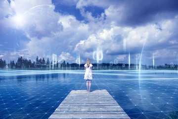 Futuristic cyberspace network background with a woman.