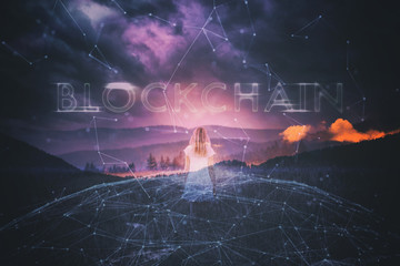 Back view of business woman and artistic blockchain cyberspace network background. 