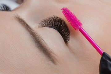 Eyelash extension procedure. Woman master combs lashes